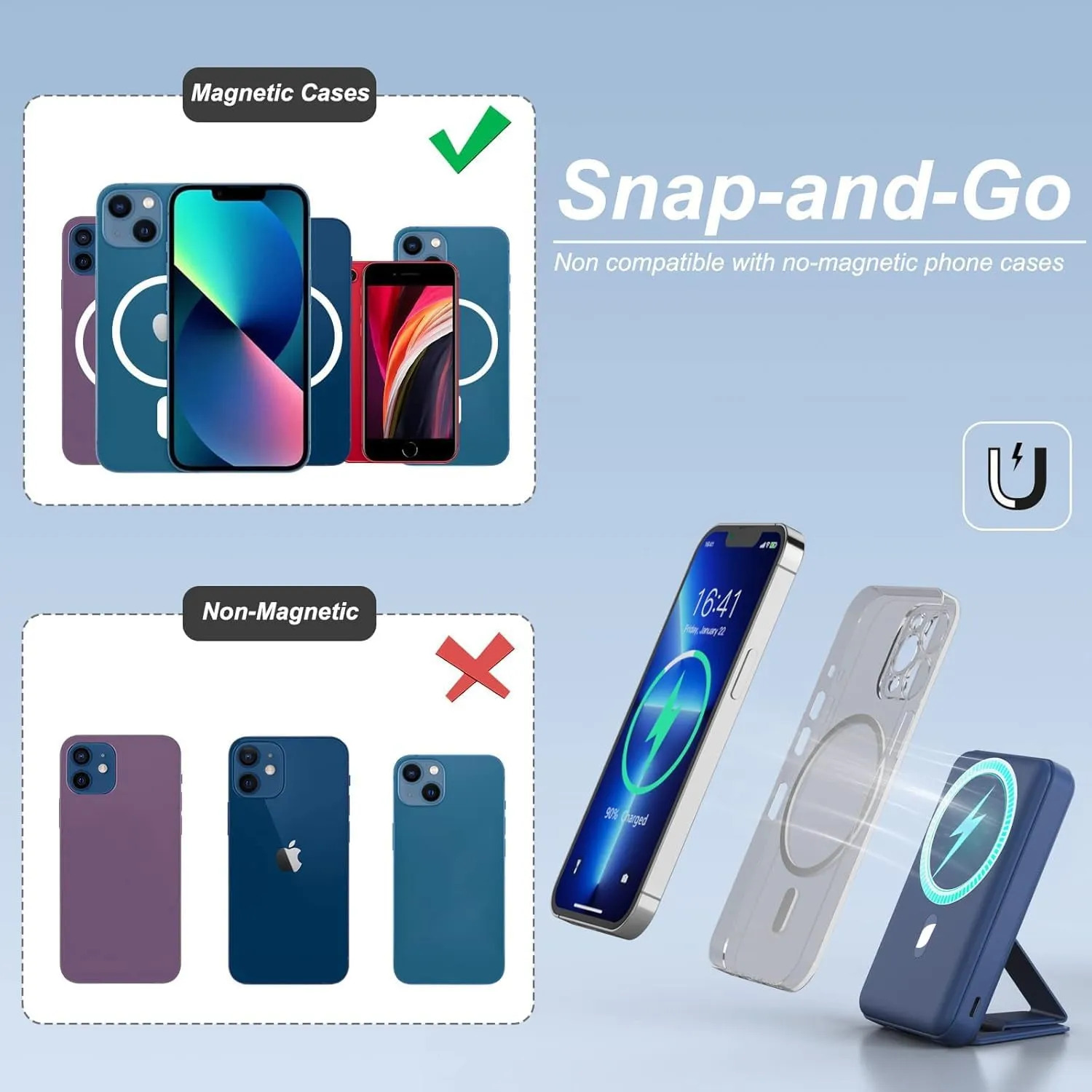 AOGUERBE Magnetic Power Bank, 10000mAh Foldable Wireless Portable Charger with USB-C Cable LED Display, for Mag-Safe Battery Pack 22.5W PD Fast Charging for iPhone 16/15/14/13/12 Pro/Pro Max/Plus/Mini
