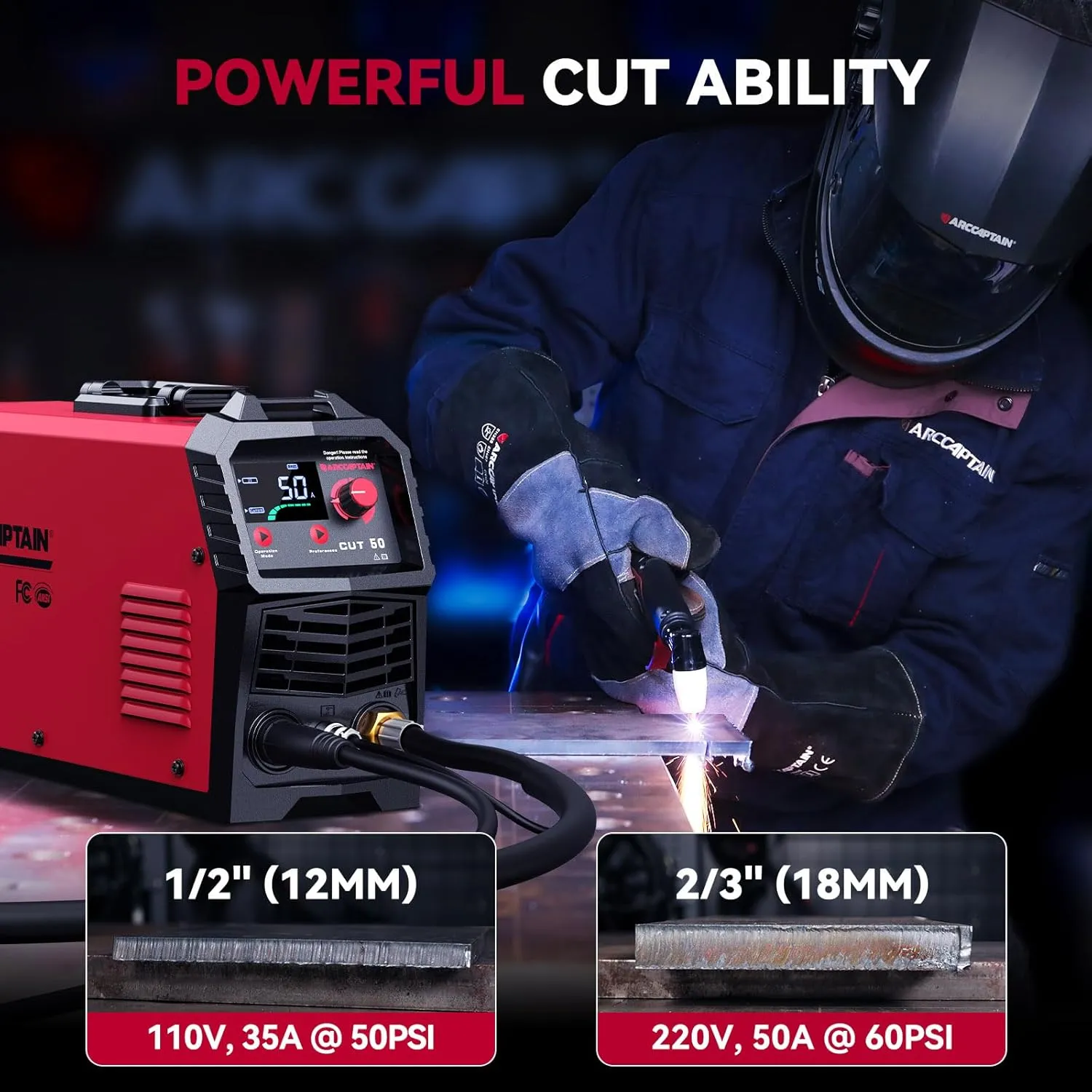 ARCCAPTAIN Plasma Cutter, [Large LED Display] 50Amps Cutter Machine with 110/220V Dual Voltage DC Inverter IGBT 1/2 Inch Clean Cut Post Flow and 2T/4T, for Beginners DIY