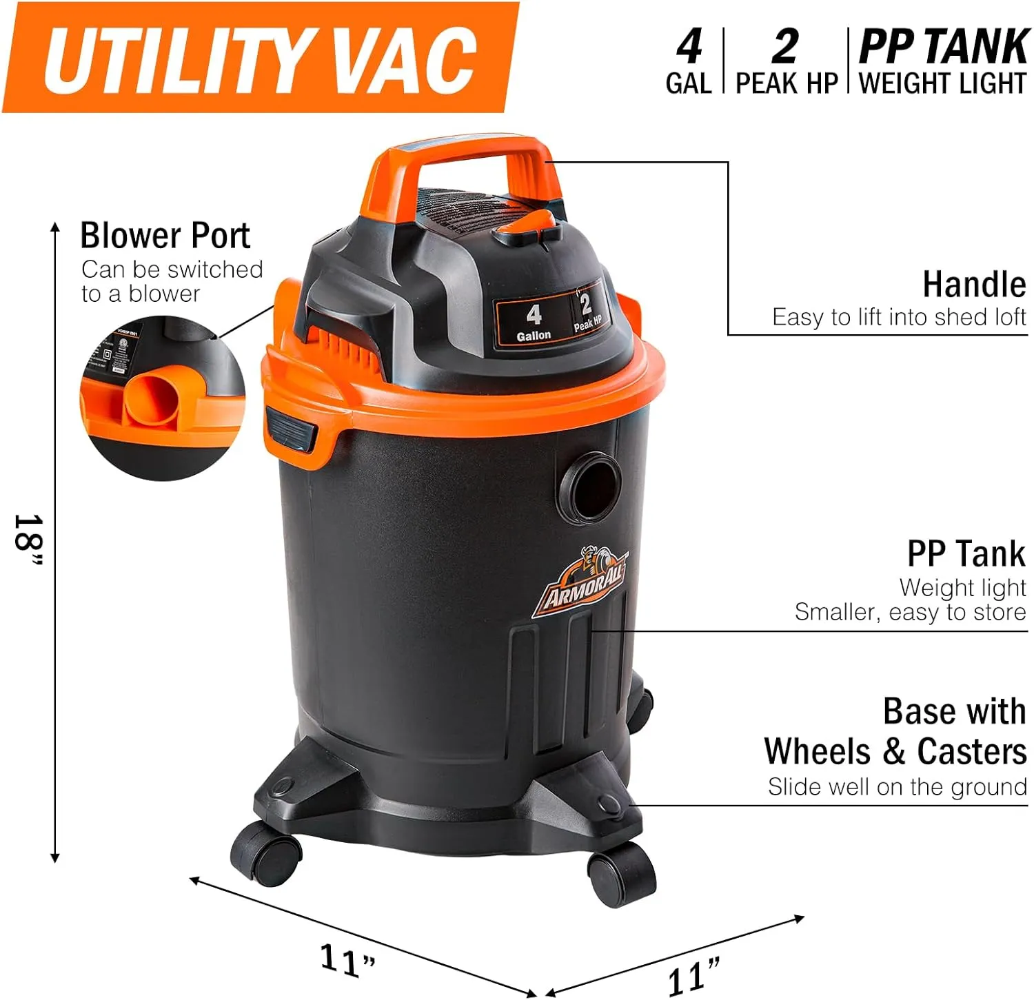 Armor All VO405P 0901 4 Gallon Wet/Dry Vac 2.0 Peak HP Shop Vacuum with Nozzles & Brush,Black/Orange