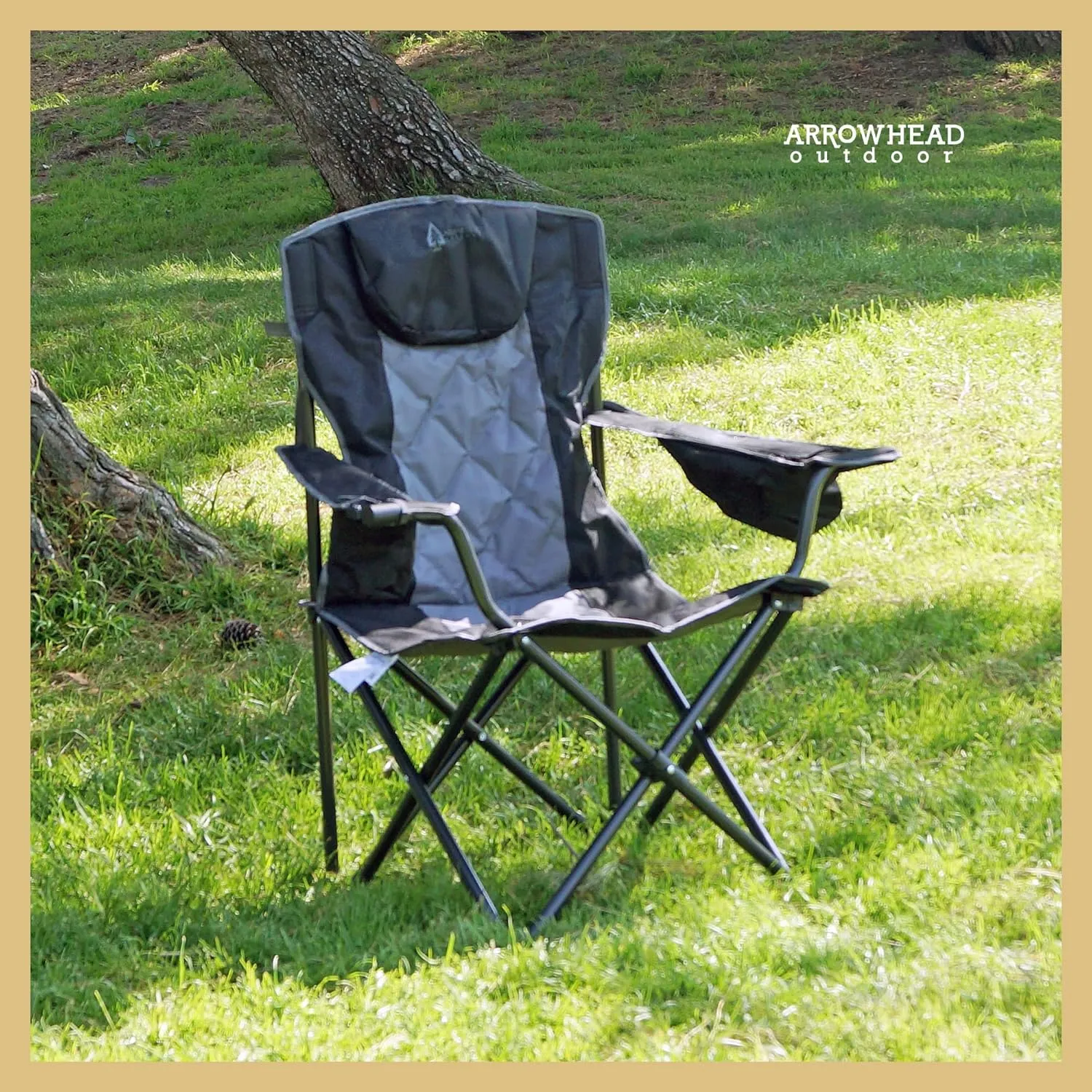 ARROWHEAD OUTDOOR Portable Folding Camping Quad Chair w/ 6-Can Cooler, Cup & Wine Glass Holders, Heavy-Duty Carrying Bag, Padded Armrests, Headrest & Seat, Supports up to 550lbs, USA-Based Support