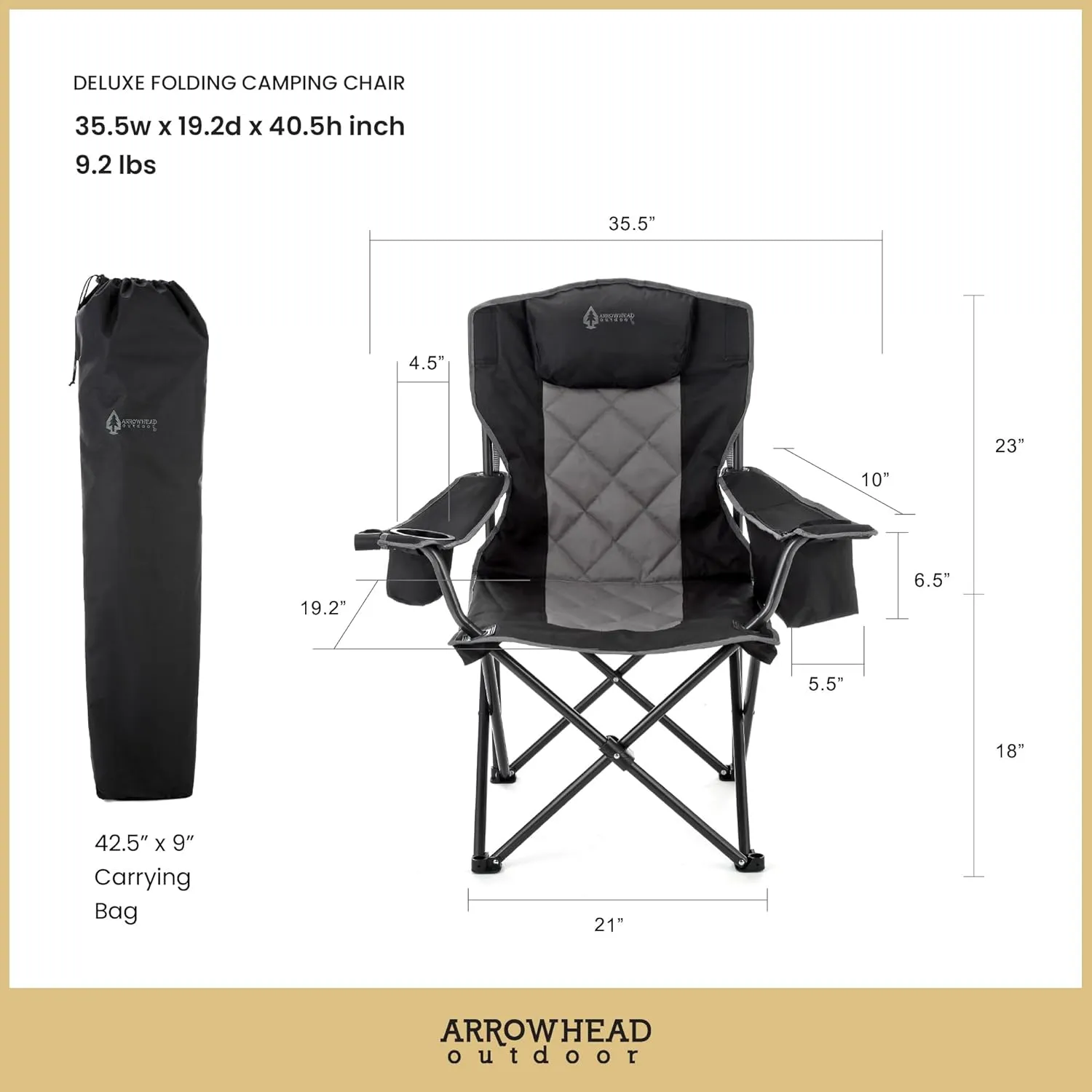 ARROWHEAD OUTDOOR Portable Folding Camping Quad Chair w/ 6-Can Cooler, Cup & Wine Glass Holders, Heavy-Duty Carrying Bag, Padded Armrests, Headrest & Seat, Supports up to 550lbs, USA-Based Support
