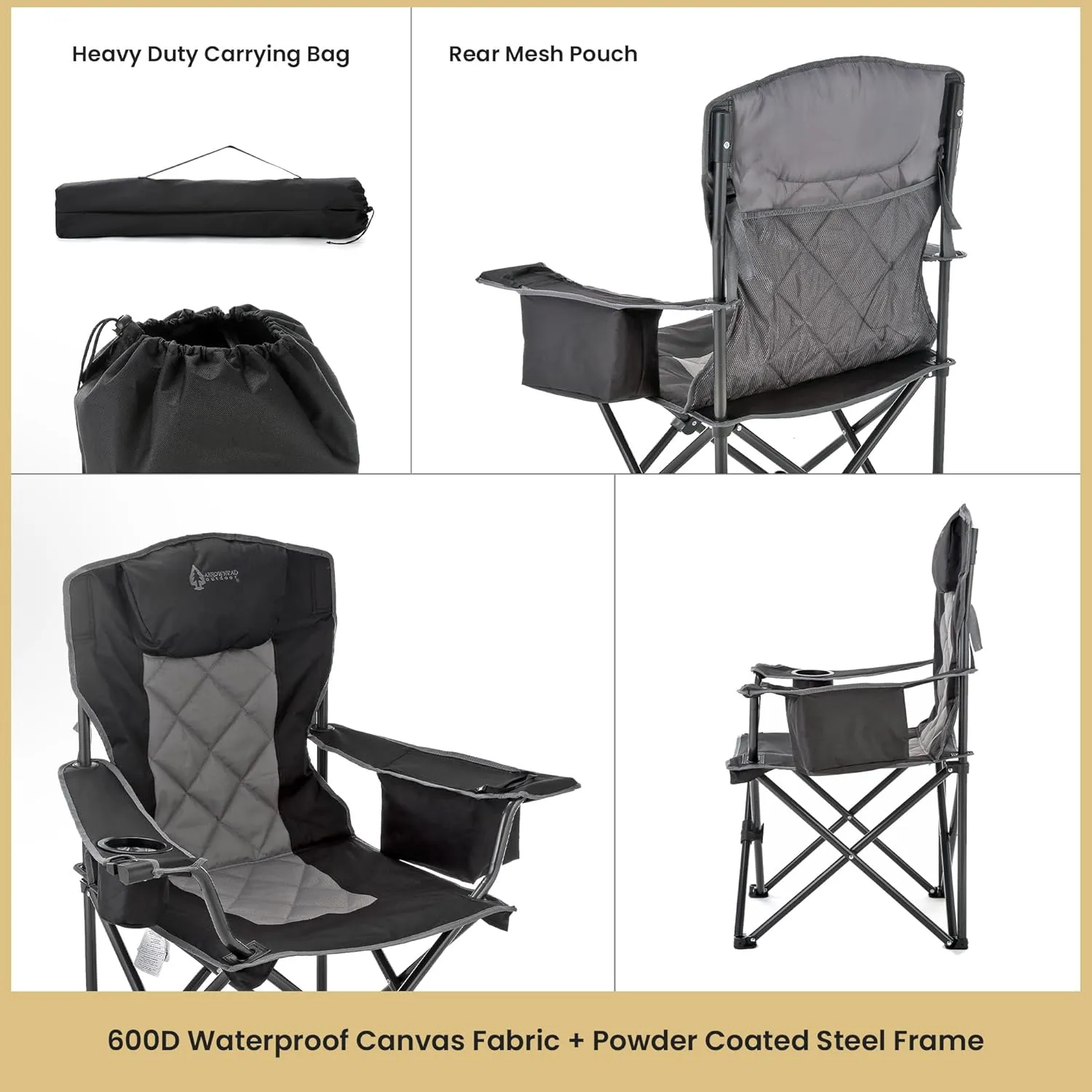 ARROWHEAD OUTDOOR Portable Folding Camping Quad Chair w/ 6-Can Cooler, Cup & Wine Glass Holders, Heavy-Duty Carrying Bag, Padded Armrests, Headrest & Seat, Supports up to 550lbs, USA-Based Support