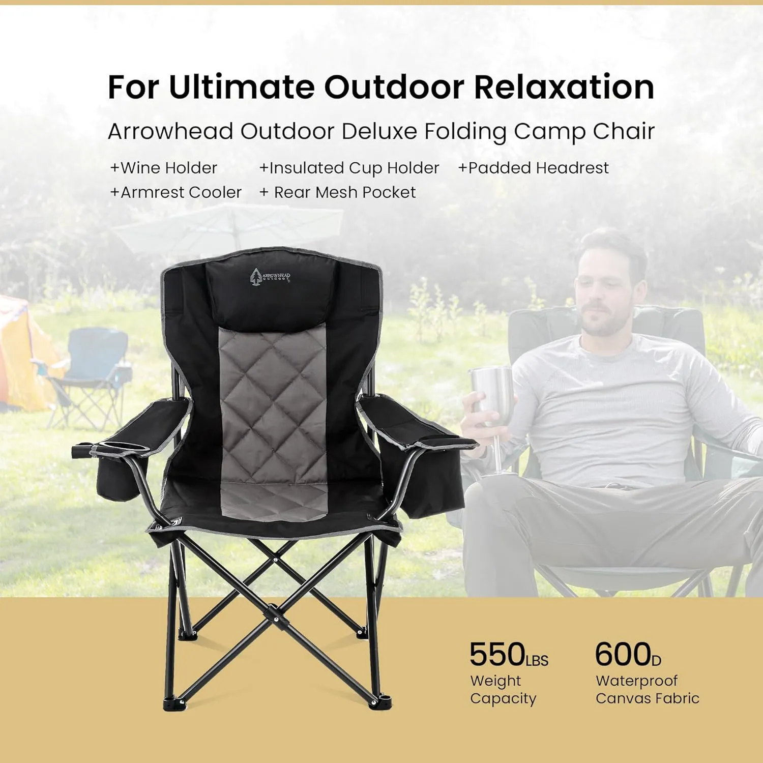 ARROWHEAD OUTDOOR Portable Folding Camping Quad Chair w/ 6-Can Cooler, Cup & Wine Glass Holders, Heavy-Duty Carrying Bag, Padded Armrests, Headrest & Seat, Supports up to 550lbs, USA-Based Support