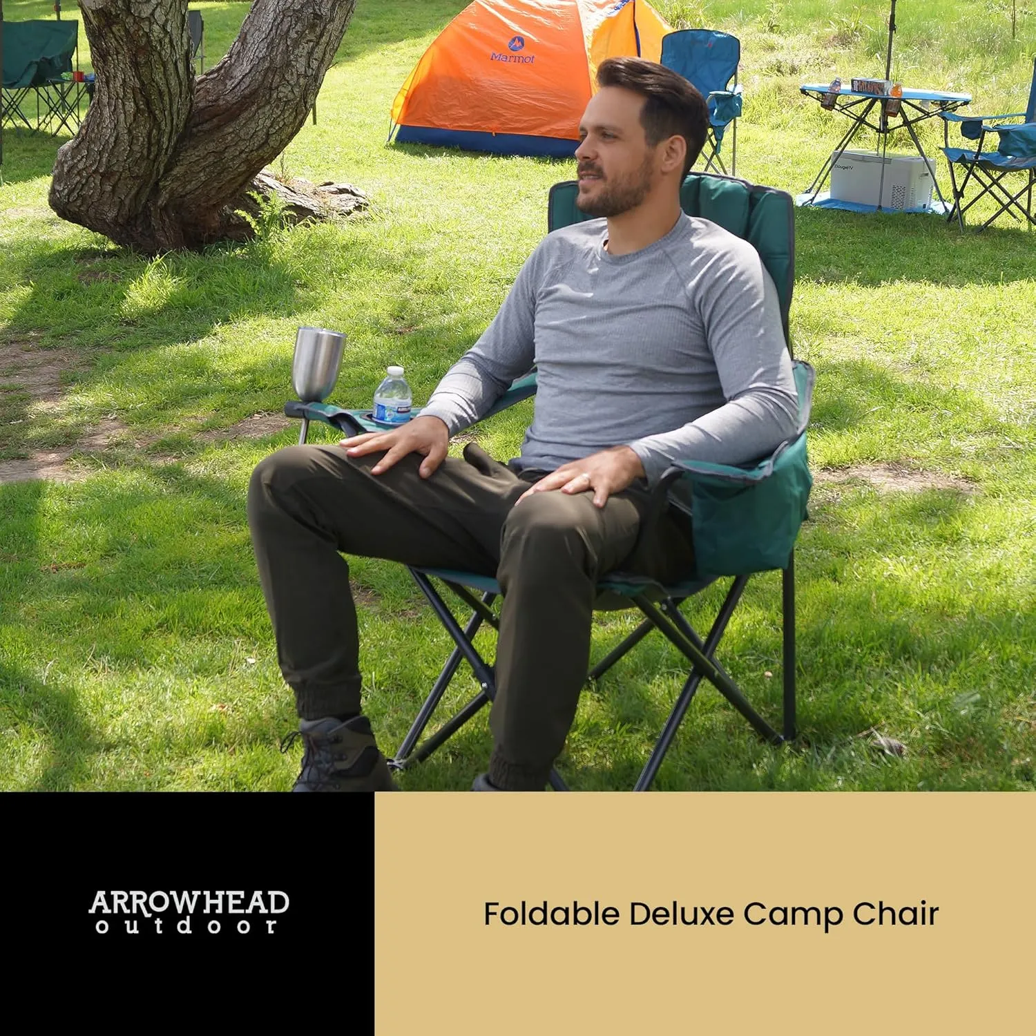 ARROWHEAD OUTDOOR Portable Folding Camping Quad Chair w/ 6-Can Cooler, Cup & Wine Glass Holders, Heavy-Duty Carrying Bag, Padded Armrests, Headrest & Seat, Supports up to 550lbs, USA-Based Support