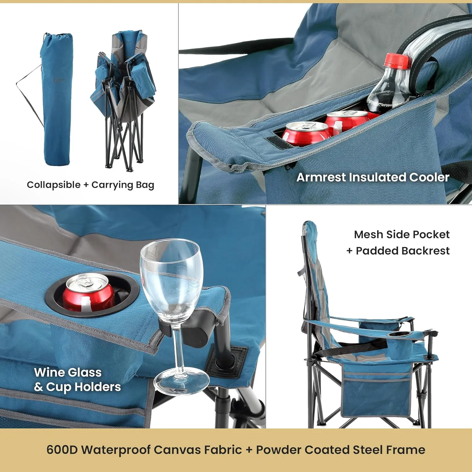 ARROWHEAD OUTDOOR XXL Folding Padded Camping Chair w/Cup & Wine Holder, Armrest Cooler, Support up to 600 lbs, Blue
