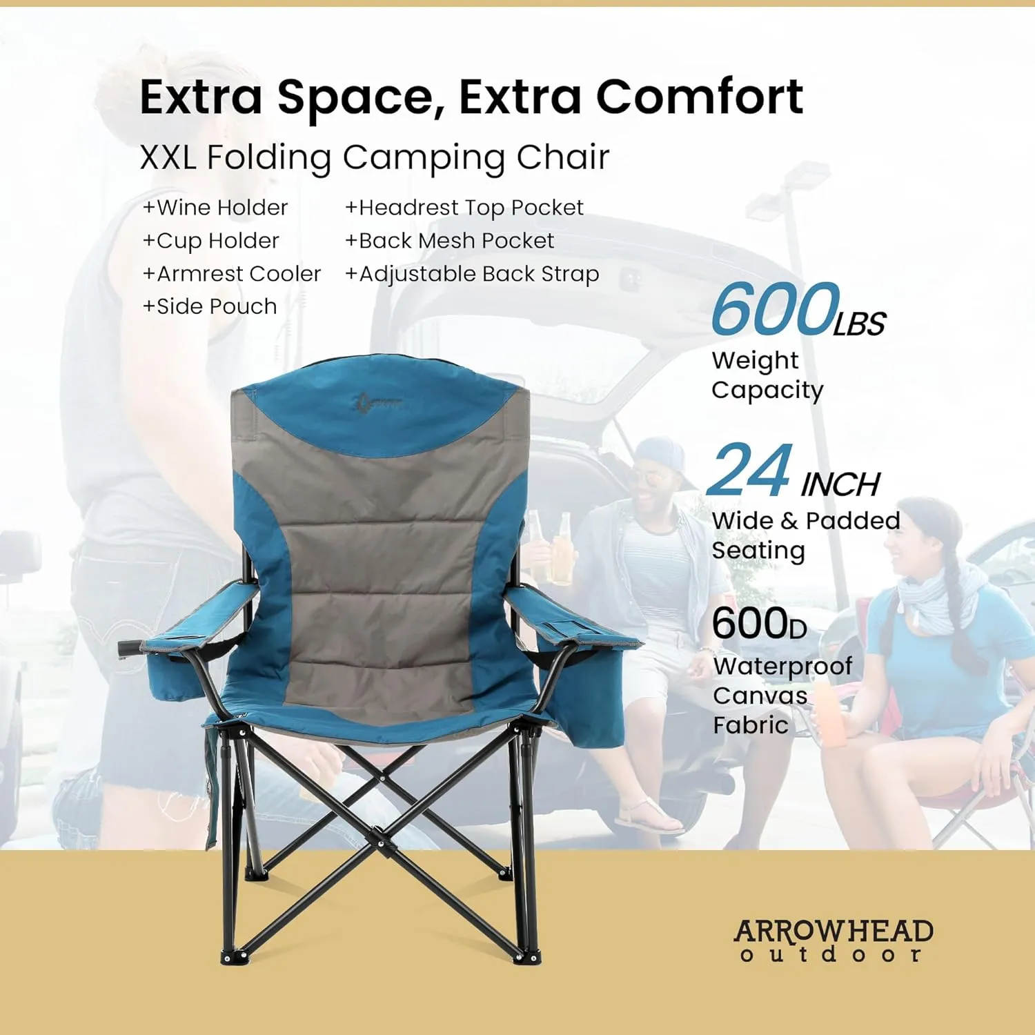 ARROWHEAD OUTDOOR XXL Folding Padded Camping Chair w/Cup & Wine Holder, Armrest Cooler, Support up to 600 lbs, Blue