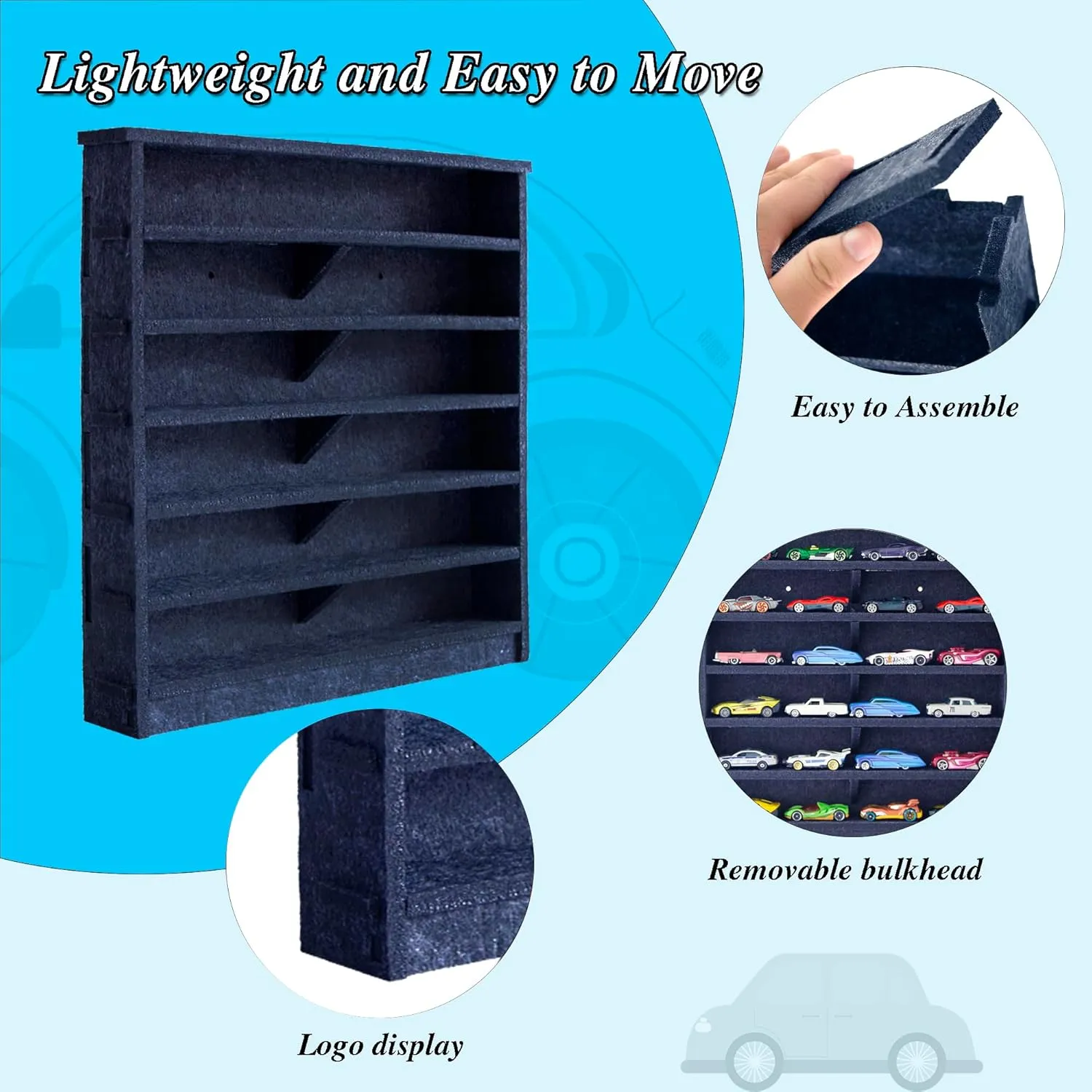 Assemblable Toy Display Case for Kids, Portable Display Case Fit for Toy Cars, Matchbox Cars & More, 24 Display Holder, Wall-Mounted Storage Organizer Case (Blue - New Version)
