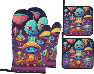 Astronaut and Alien Print Convenient Oven Mitts Pot Holders Set Duty Heat Resistant Gloves with Quilted Liner