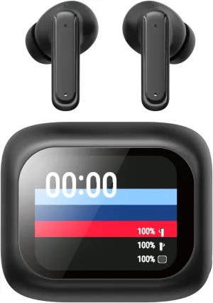 AT&T Essentials True Wireless Mellow Vue Earbuds Black Digital Display Charging Case Premium Sound for iPhone Google Pixel Samsung Galaxy Ergonomic Design