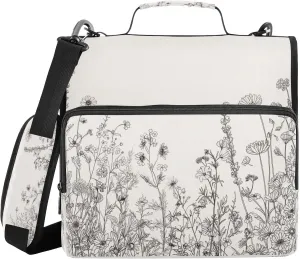 ATTX Black and White Flowers Zipper Binder with Adjustable Padded Strap - 3 Ring 500 Sheet Capacity Binder Bag with Multi-Pocket Organizer, Fits 12 Inch Laptop#132