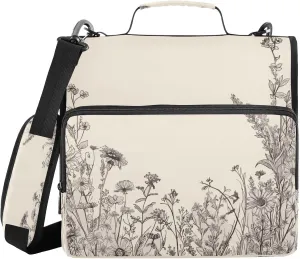 ATTX Black and White Flowers Zipper Binder with Adjustable Padded Strap - 3 Ring 500 Sheet Capacity Binder Bag with Multi-Pocket Organizer, Fits 12 Inch Laptop#135