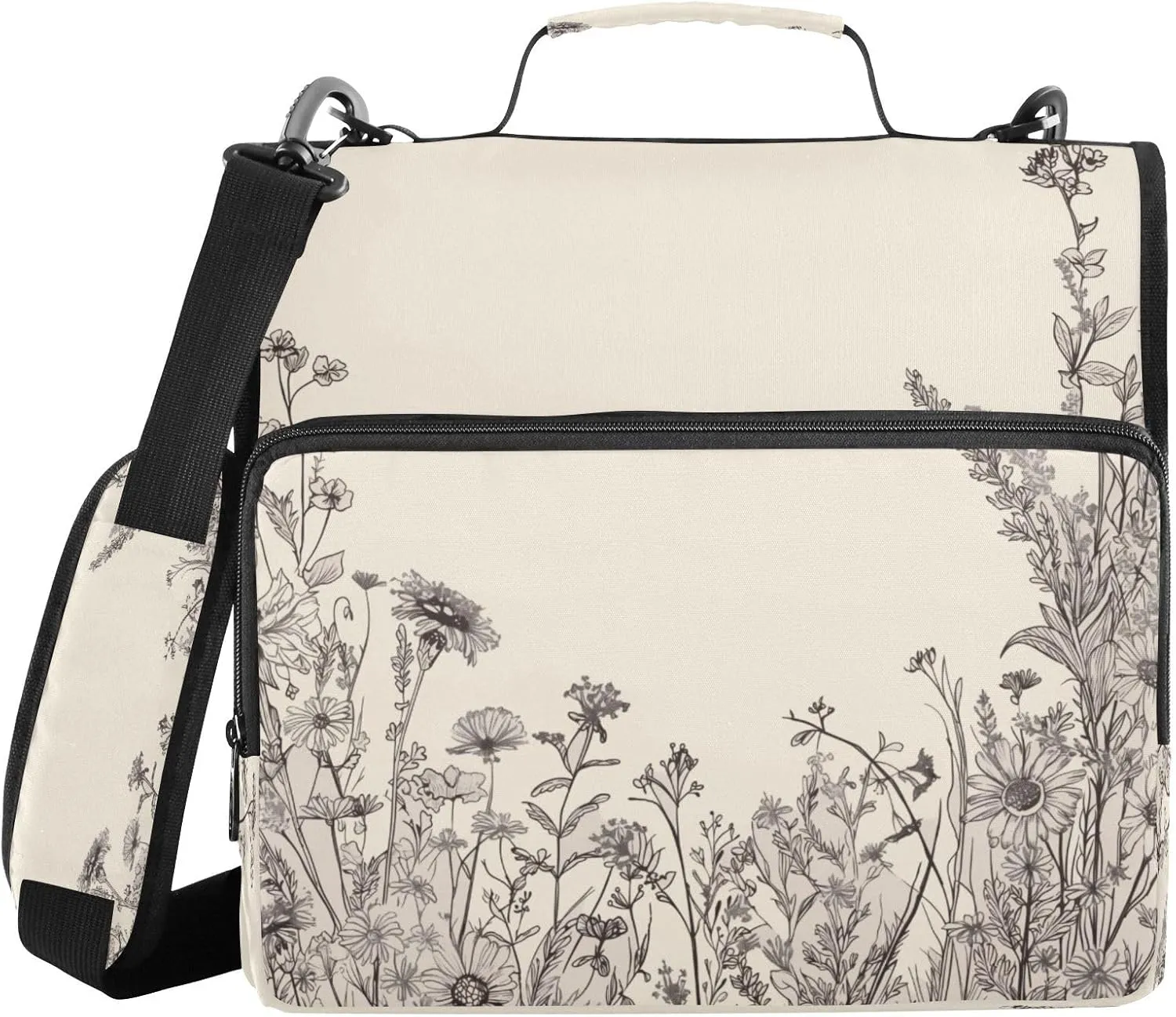 ATTX Black and White Flowers Zipper Binder with Adjustable Padded Strap - 3 Ring 500 Sheet Capacity Binder Bag with Multi-Pocket Organizer, Fits 12 Inch Laptop#135
