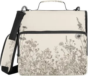 ATTX Black and White Flowers Zipper Binder with Adjustable Padded Strap - 3 Ring 500 Sheet Capacity Binder Bag with Multi-Pocket Organizer, Fits 12 Inch Laptop#138