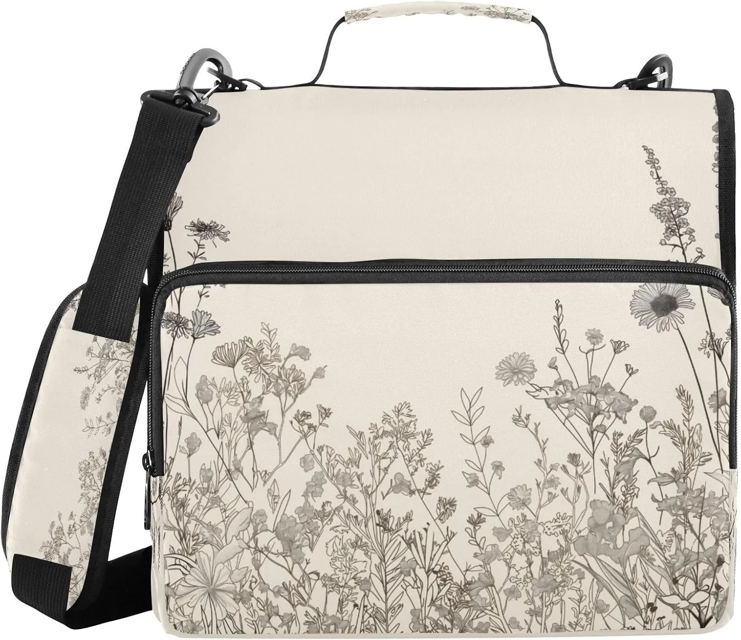 ATTX Black and White Flowers Zipper Binder with Adjustable Padded Strap - 3 Ring 500 Sheet Capacity Binder Bag with Multi-Pocket Organizer, Fits 12 Inch Laptop#138
