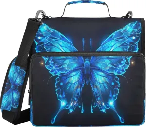 ATTX Blue Butterfly Zipper Binder with Adjustable Padded Strap - 3 Ring 500 Sheet Capacity Binder Bag with Multi-Pocket Organizer, Fits 12 Inch Laptop#604