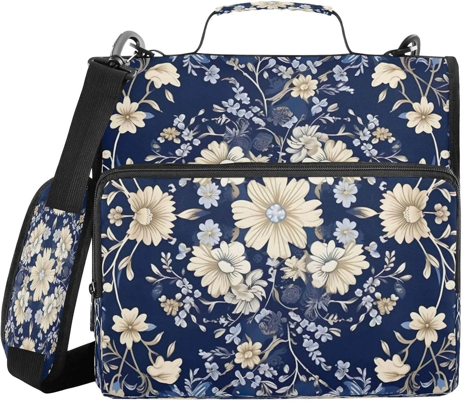 ATTX Blue White Pattern Zipper Binder with Adjustable Padded Strap - 3 Ring 500 Sheet Capacity Binder Bag with Multi-Pocket Organizer, Fits 12 Inch Laptop#409