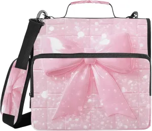 ATTX Bow Tie Pink Zipper Binder with Adjustable Padded Strap - 3 Ring 500 Sheet Capacity Binder Bag with Multi-Pocket Organizer, Fits 12 Inch Laptop#72