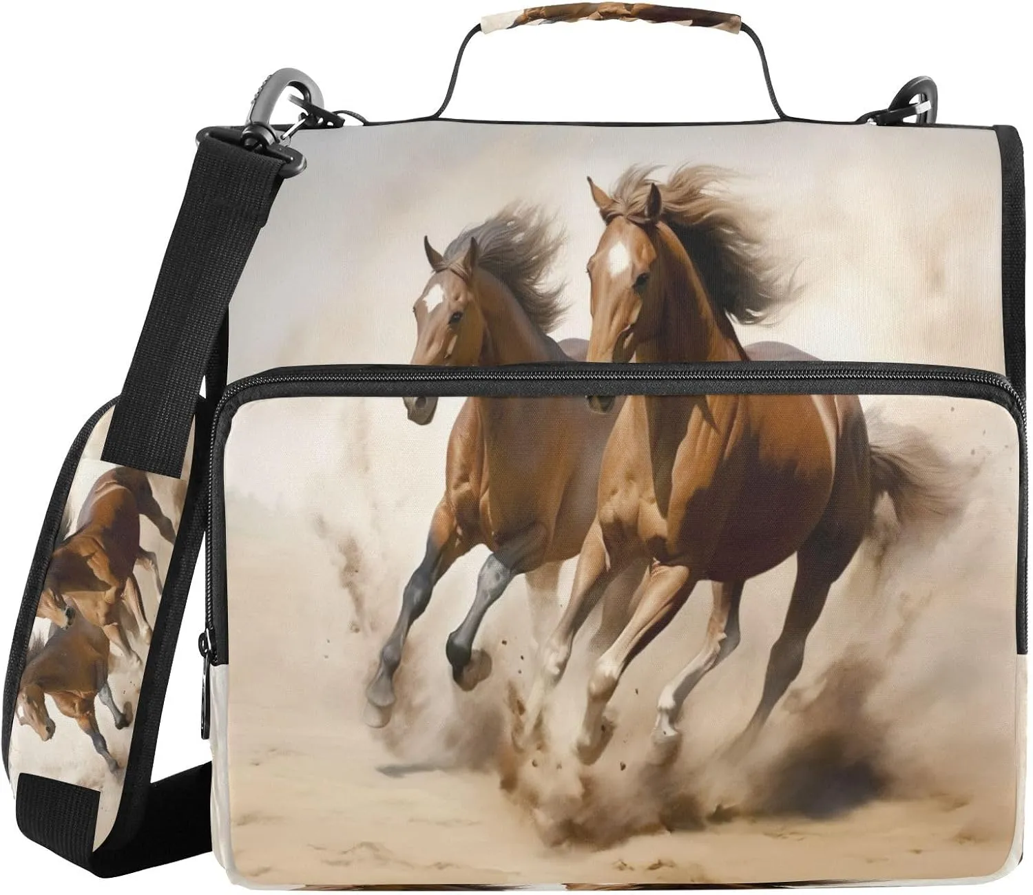 ATTX Chestnut Horse Zipper Binder with Adjustable Padded Strap - 3 Ring 500 Sheet Capacity Binder Bag with Multi-Pocket Organizer, Fits 12 Inch Laptop#357