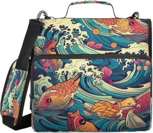 ATTX Colorful Fish Waves Zipper Binder with Adjustable Padded Strap - 3 Ring 500 Sheet Capacity Binder Bag with Multi-Pocket Organizer, Fits 12 Inch Laptop#354