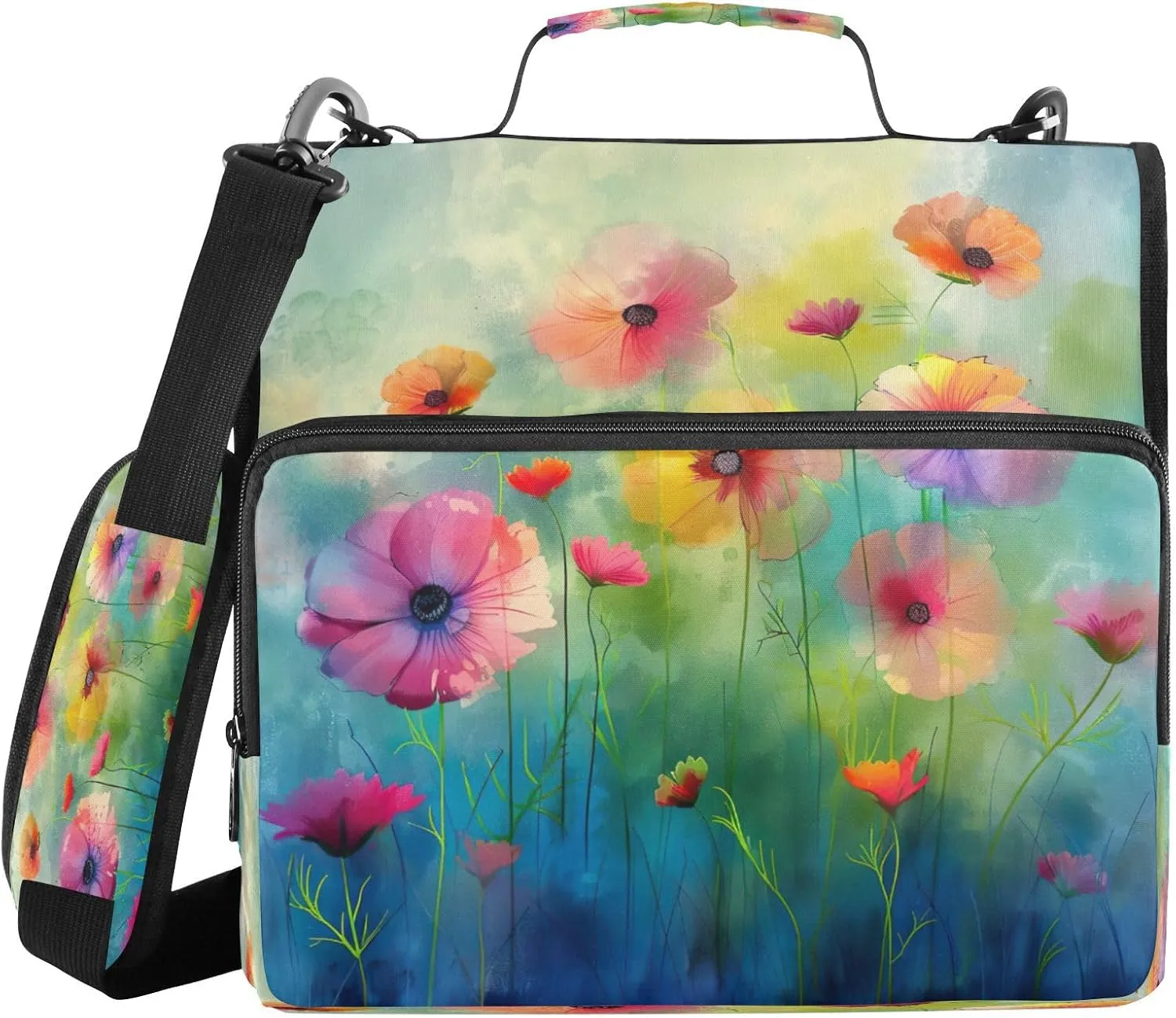 ATTX Colorful Flowers Painting Zipper Binder with Adjustable Padded Strap - 3 Ring 500 Sheet Capacity Binder Bag with Multi-Pocket Organizer, Fits 12 Inch Laptop#477