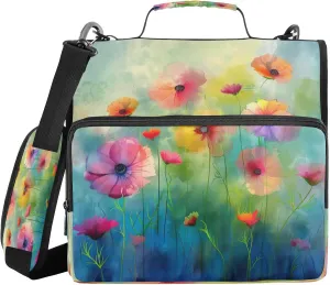 ATTX Colorful Flowers Painting Zipper Binder with Adjustable Padded Strap - 3 Ring 500 Sheet Capacity Binder Bag with Multi-Pocket Organizer, Fits 12 Inch Laptop#477