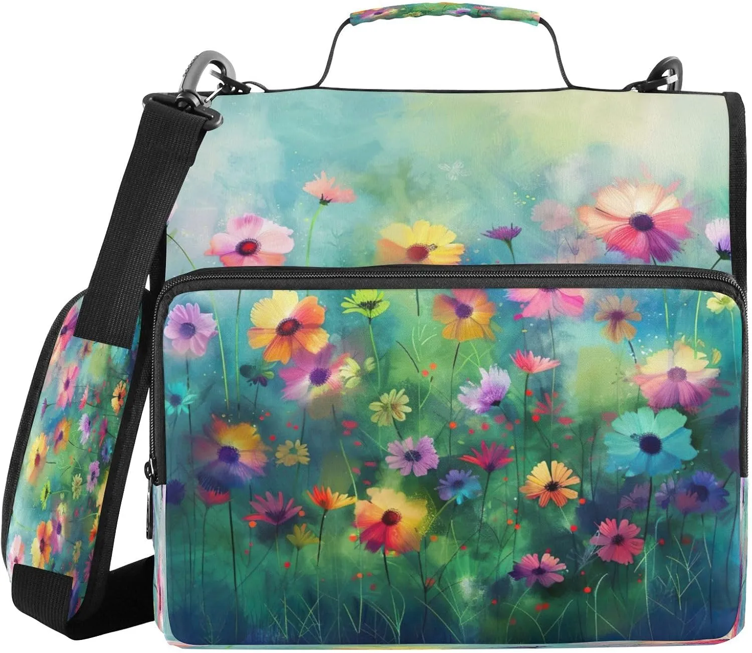 ATTX Colorful Flowers Painting Zipper Binder with Adjustable Padded Strap - 3 Ring 500 Sheet Capacity Binder Bag with Multi-Pocket Organizer, Fits 12 Inch Laptop#478