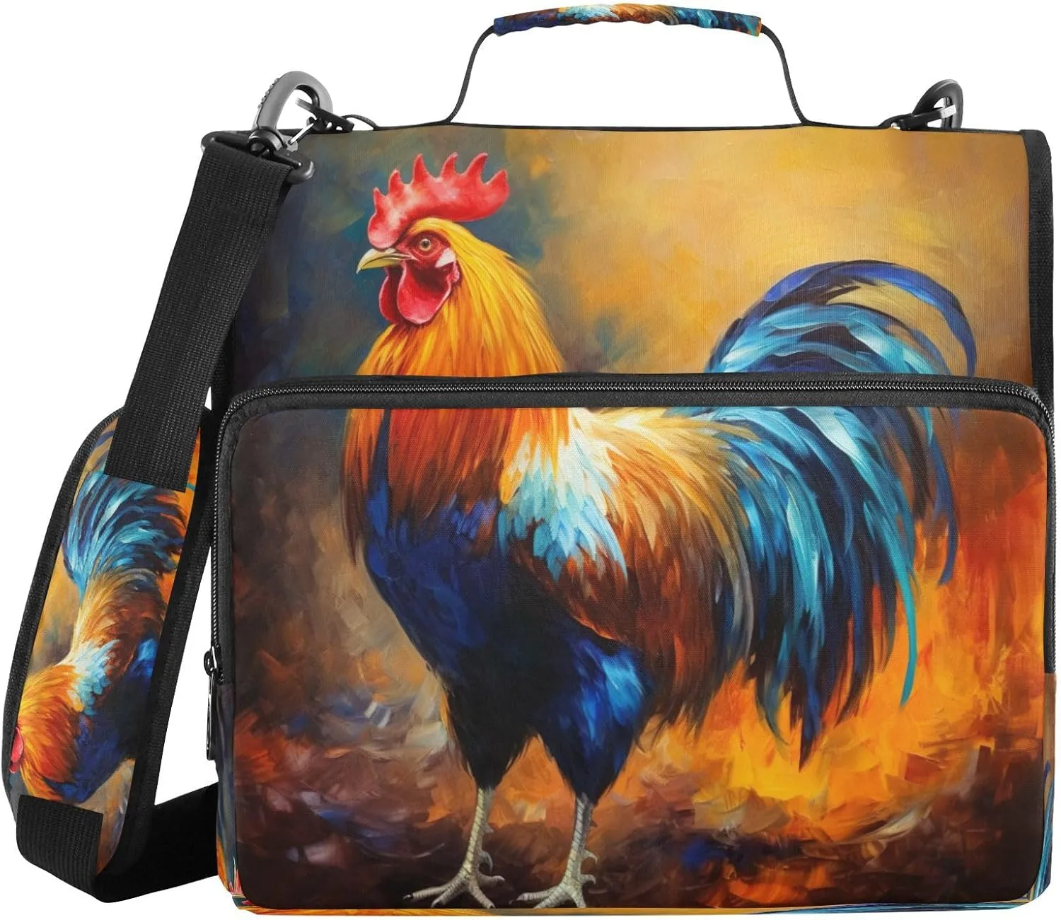 ATTX Colorful Rooster Zipper Binder with Adjustable Padded Strap - 3 Ring 500 Sheet Capacity Binder Bag with Multi-Pocket Organizer, Fits 12 Inch Laptop#326