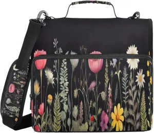 ATTX Colorful Wild Flowers Zipper Binder with Adjustable Padded Strap - 3 Ring 500 Sheet Capacity Binder Bag with Multi-Pocket Organizer, Fits 12 Inch Laptop#575