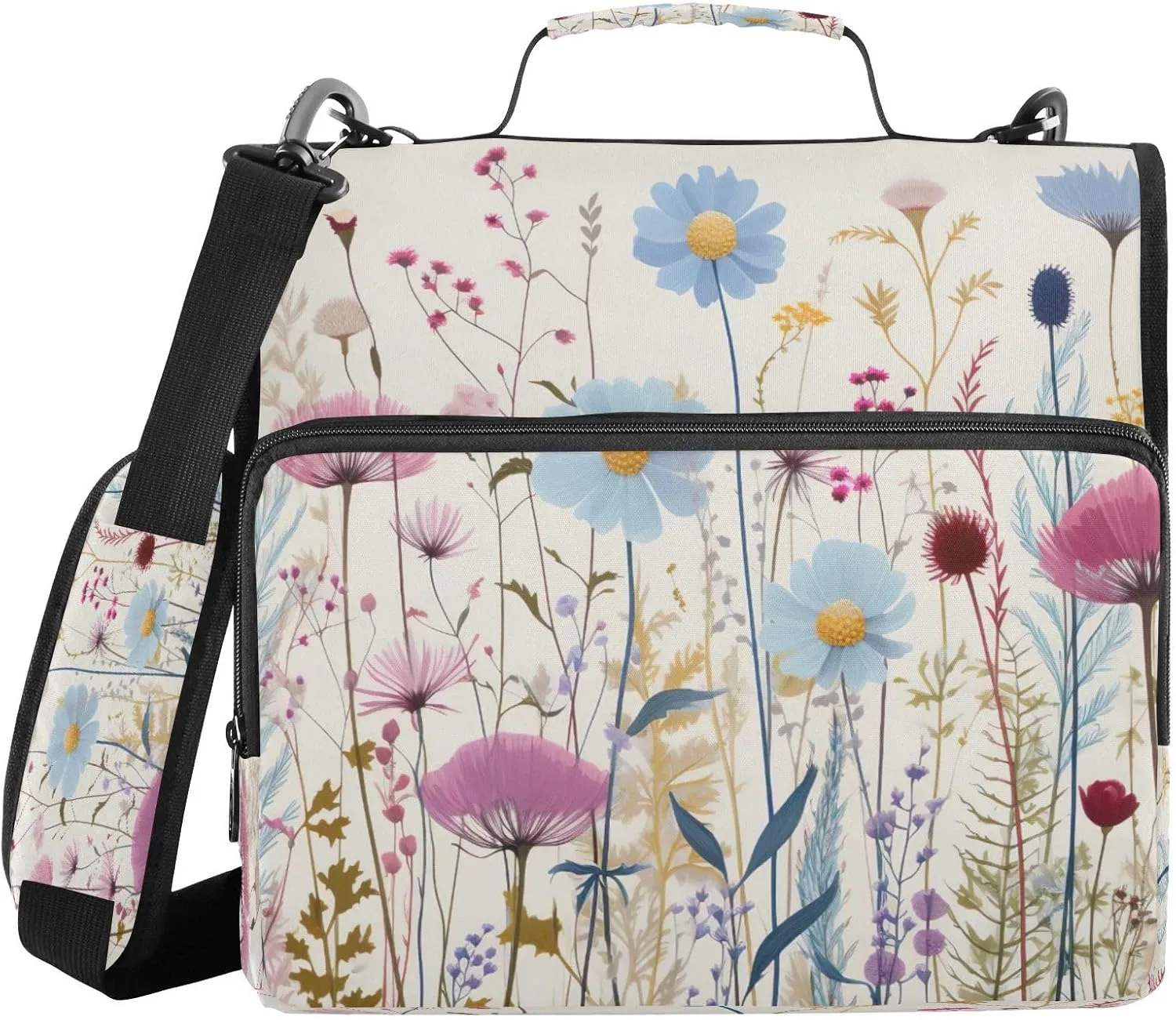 ATTX Colorful Wild Flowers Zipper Binder with Adjustable Padded Strap - 3 Ring 500 Sheet Capacity Binder Bag with Multi-Pocket Organizer, Fits 12 Inch Laptop#582