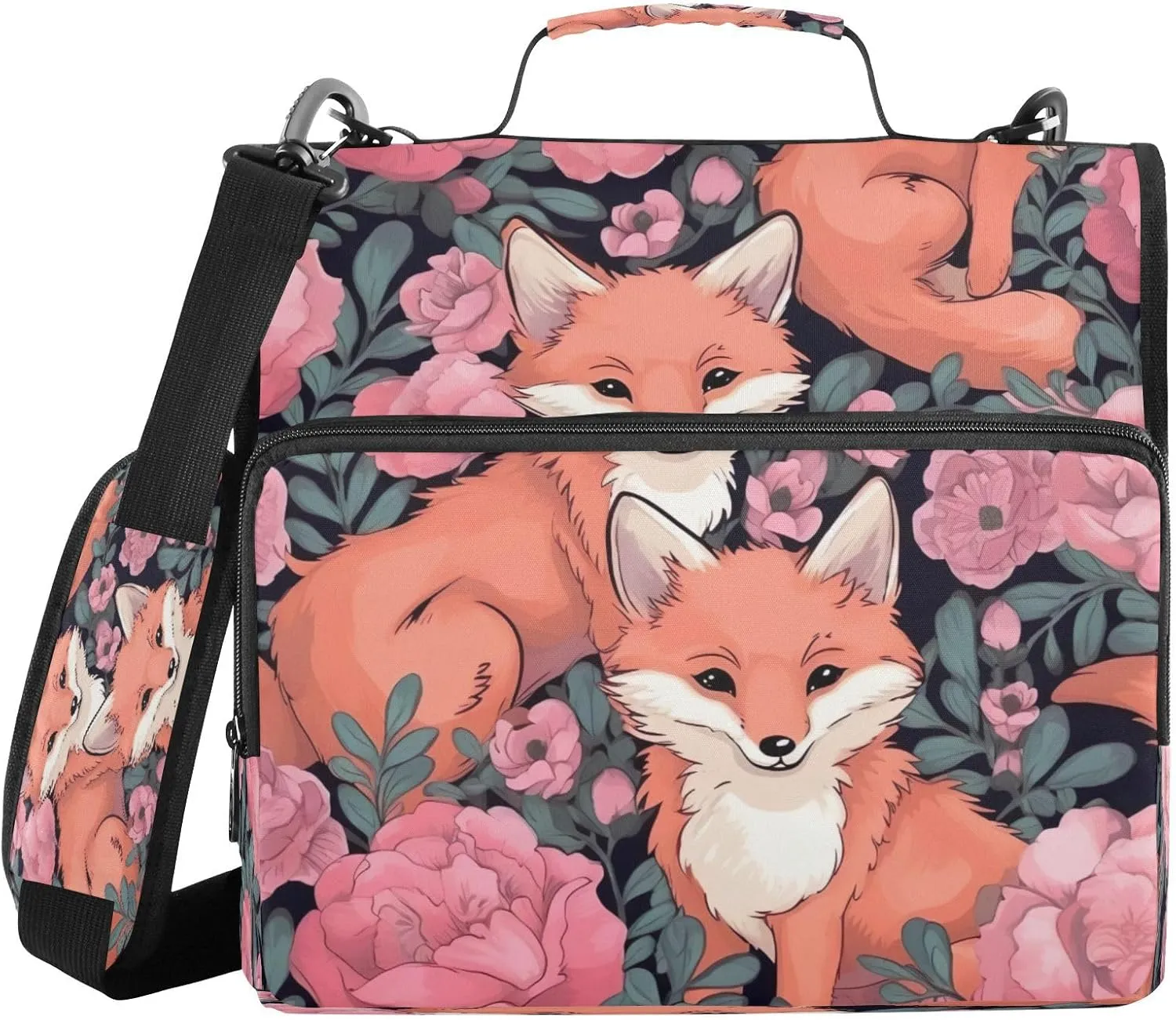 ATTX Cute Foxes Zipper Binder with Adjustable Padded Strap - 3 Ring 500 Sheet Capacity Binder Bag with Multi-Pocket Organizer, Fits 12 Inch Laptop#200