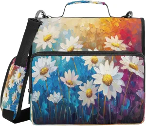 ATTX Daisies Oil Painting Zipper Binder with Adjustable Padded Strap - 3 Ring 500 Sheet Capacity Binder Bag with Multi-Pocket Organizer, Fits 12 Inch Laptop#617