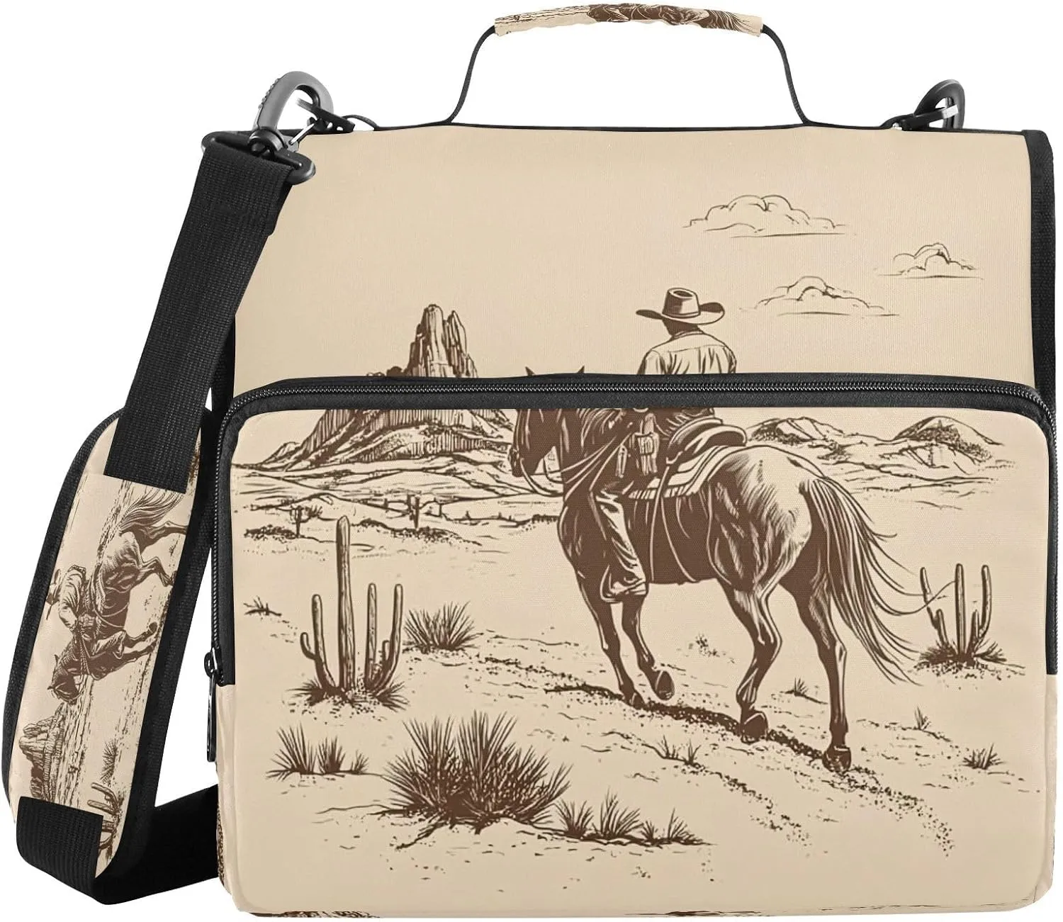 ATTX Desert Cowboy Zipper Binder with Adjustable Padded Strap - 3 Ring 500 Sheet Capacity Binder Bag with Multi-Pocket Organizer, Fits 12 Inch Laptop#57