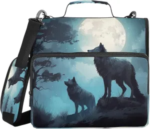 ATTX Evening Moon Wolf Zipper Binder with Adjustable Padded Strap - 3 Ring 500 Sheet Capacity Binder Bag with Multi-Pocket Organizer, Fits 12 Inch Laptop#370