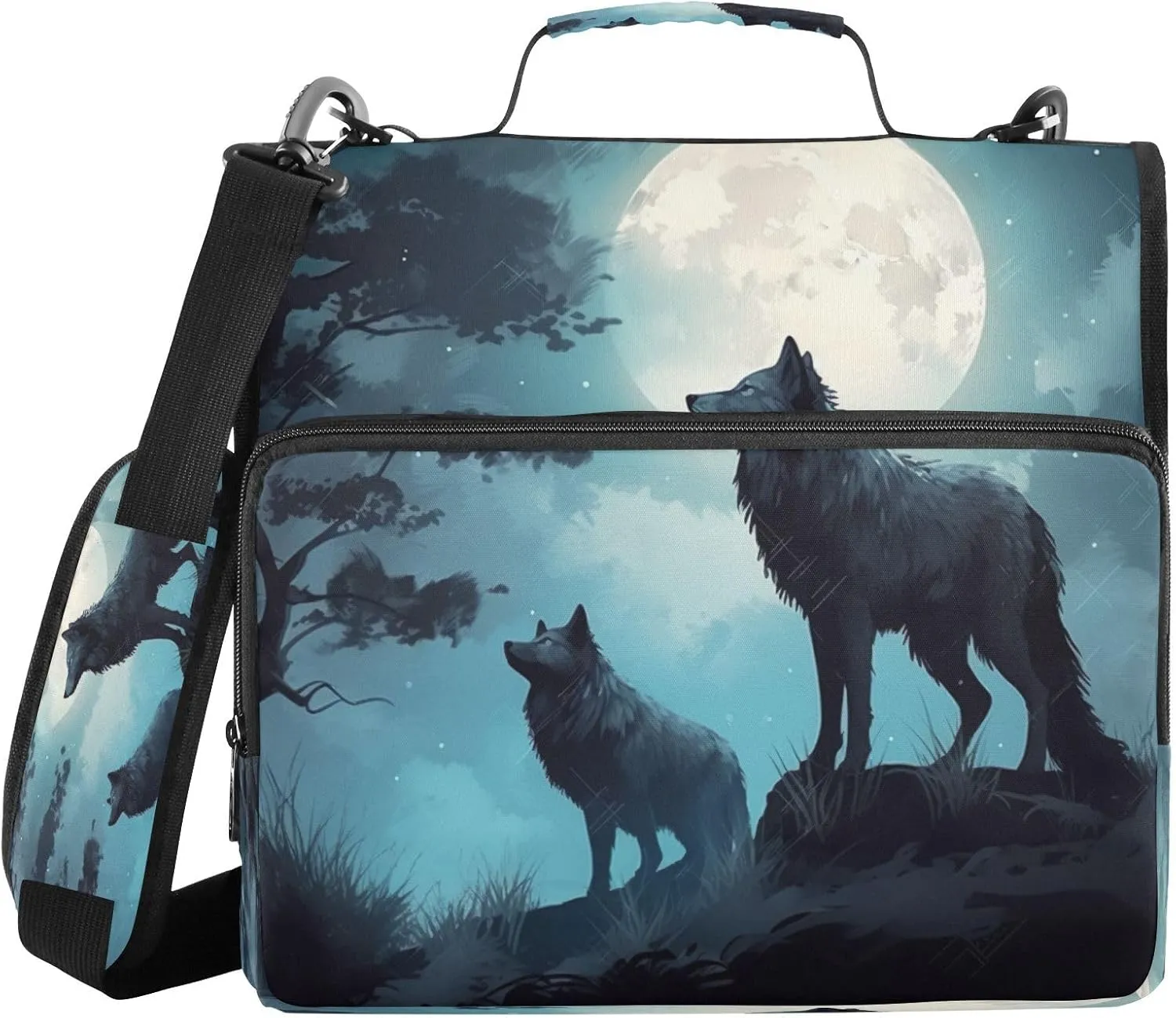 ATTX Evening Moon Wolf Zipper Binder with Adjustable Padded Strap - 3 Ring 500 Sheet Capacity Binder Bag with Multi-Pocket Organizer, Fits 12 Inch Laptop#370