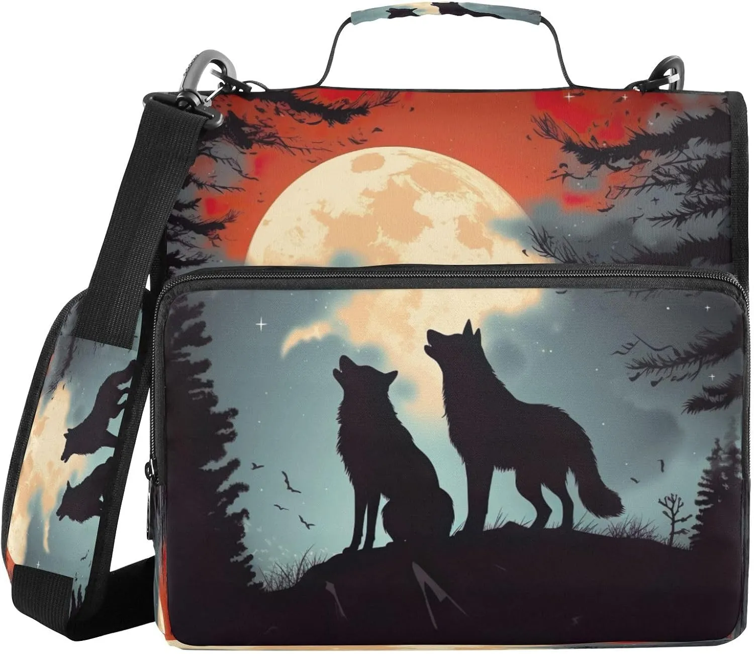 ATTX Evening Moon Wolf Zipper Binder with Adjustable Padded Strap - 3 Ring 500 Sheet Capacity Binder Bag with Multi-Pocket Organizer, Fits 12 Inch Laptop#373