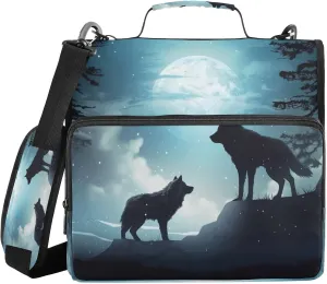 ATTX Evening Moon Wolf Zipper Binder with Adjustable Padded Strap - 3 Ring 500 Sheet Capacity Binder Bag with Multi-Pocket Organizer, Fits 12 Inch Laptop#374
