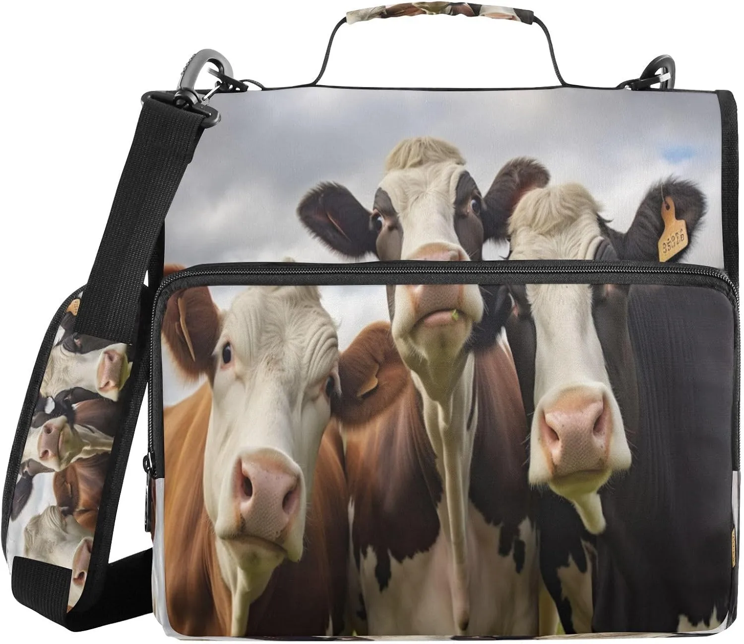 ATTX Funny Cow Zipper Binder with Adjustable Padded Strap - 3 Ring 500 Sheet Capacity Binder Bag with Multi-Pocket Organizer, Fits 12 Inch Laptop#377
