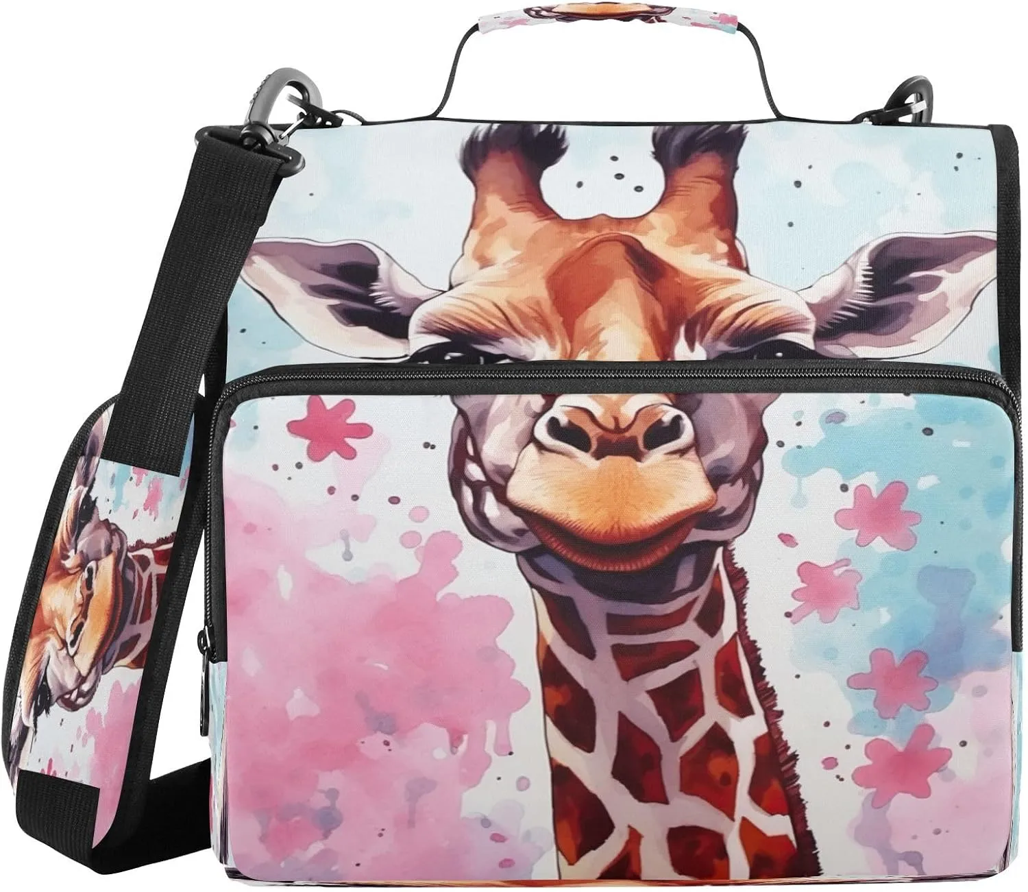 ATTX Giraffe Painting Zipper Binder with Adjustable Padded Strap - 3 Ring 500 Sheet Capacity Binder Bag with Multi-Pocket Organizer, Fits 12 Inch Laptop#507