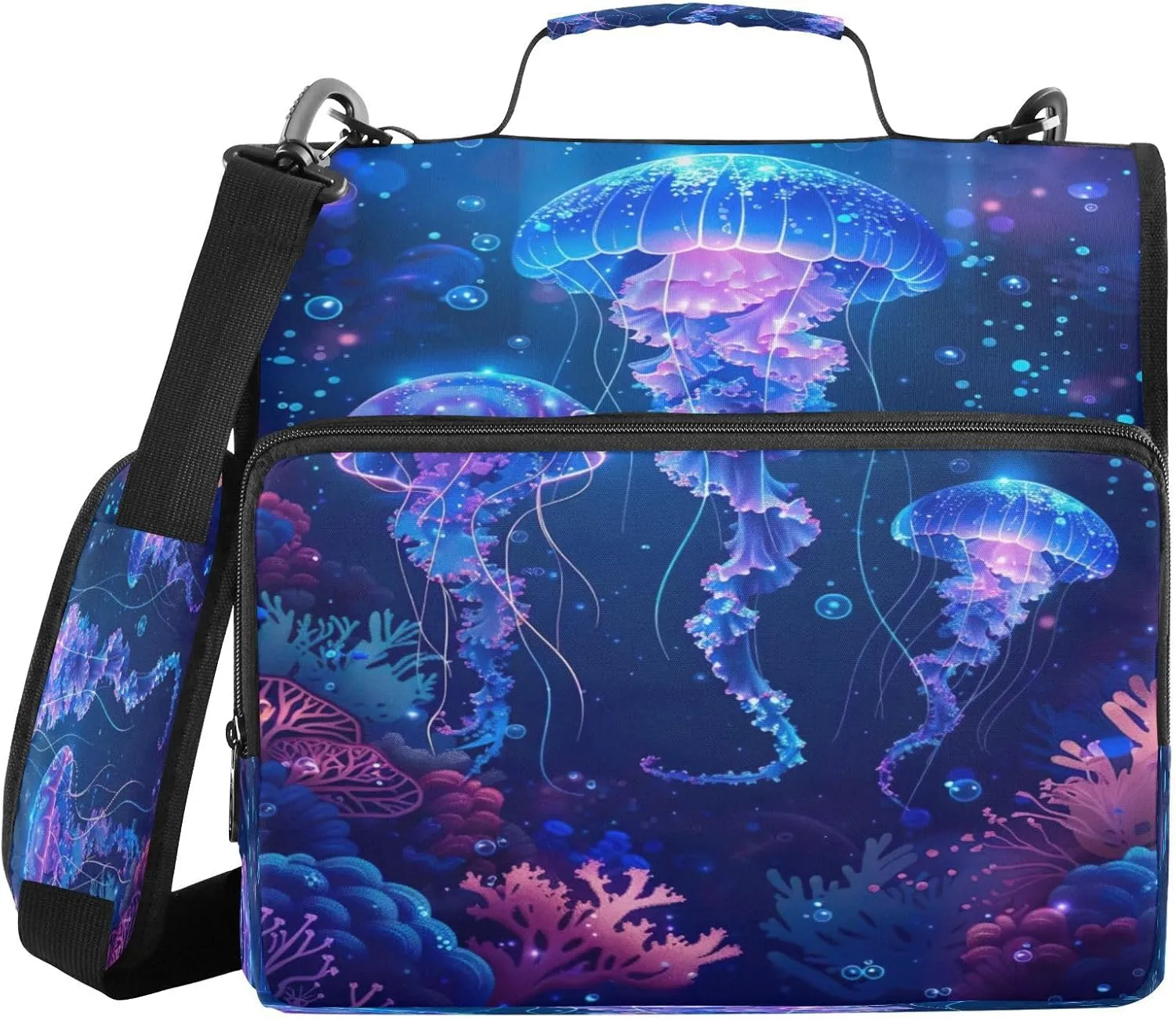 ATTX Glowing Jellyfish Zipper Binder with Adjustable Padded Strap - 3 Ring 500 Sheet Capacity Binder Bag with Multi-Pocket Organizer, Fits 12 Inch Laptop#627