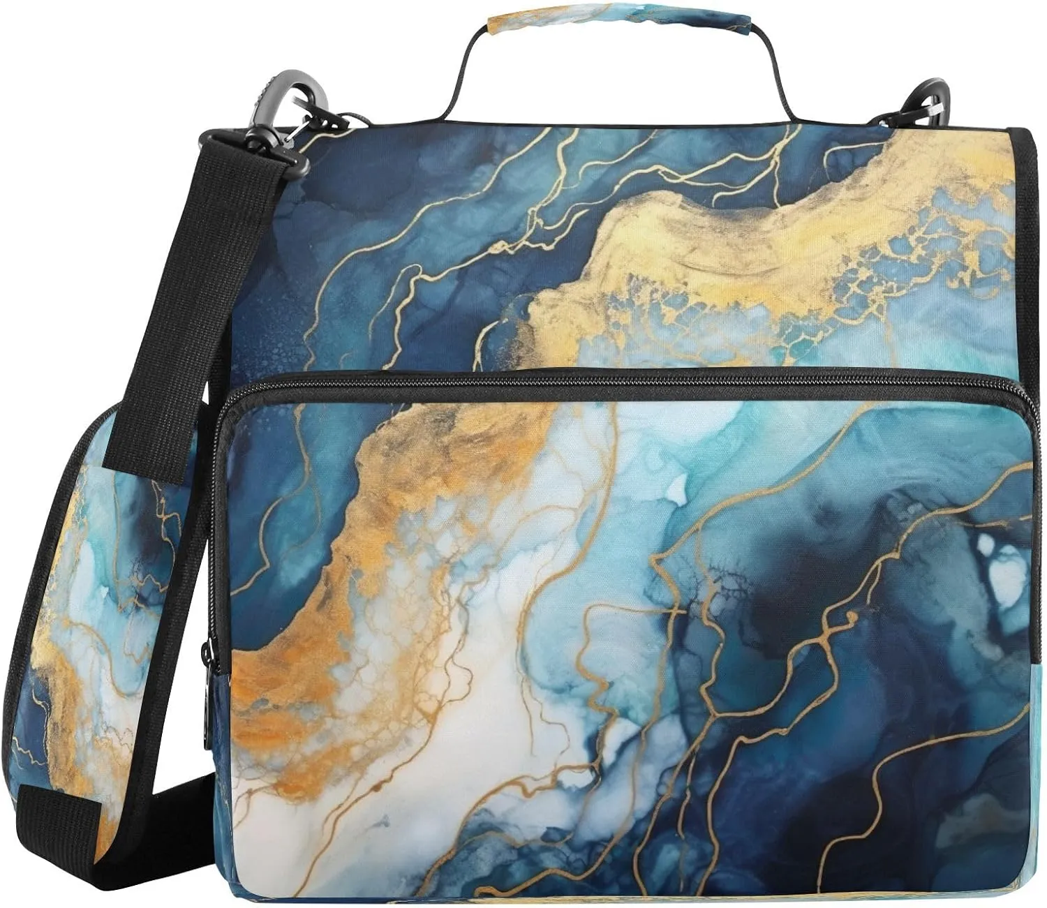 ATTX Gold Blue Marble Zipper Binder with Adjustable Padded Strap - 3 Ring 500 Sheet Capacity Binder Bag with Multi-Pocket Organizer, Fits 12 Inch Laptop#334