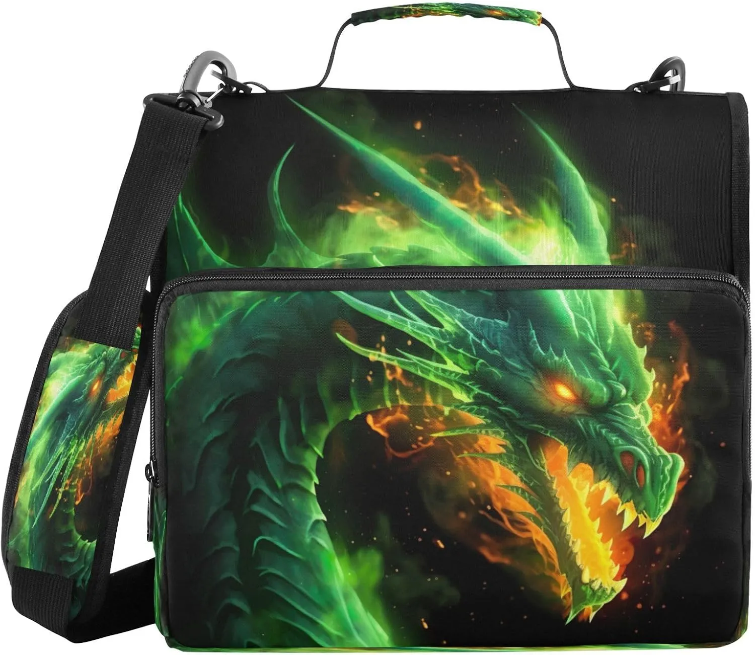 ATTX Green Dragon Zipper Binder with Adjustable Padded Strap - 3 Ring 500 Sheet Capacity Binder Bag with Multi-Pocket Organizer, Fits 12 Inch Laptop#335