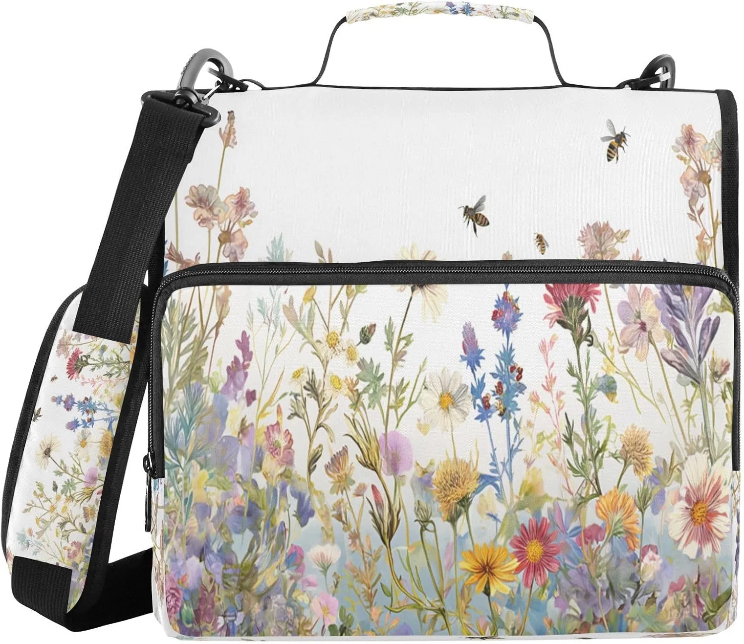ATTX Herbs and Wild Flowers Zipper Binder with Adjustable Padded Strap - 3 Ring 500 Sheet Capacity Binder Bag with Multi-Pocket Organizer, Fits 12 Inch Laptop#149