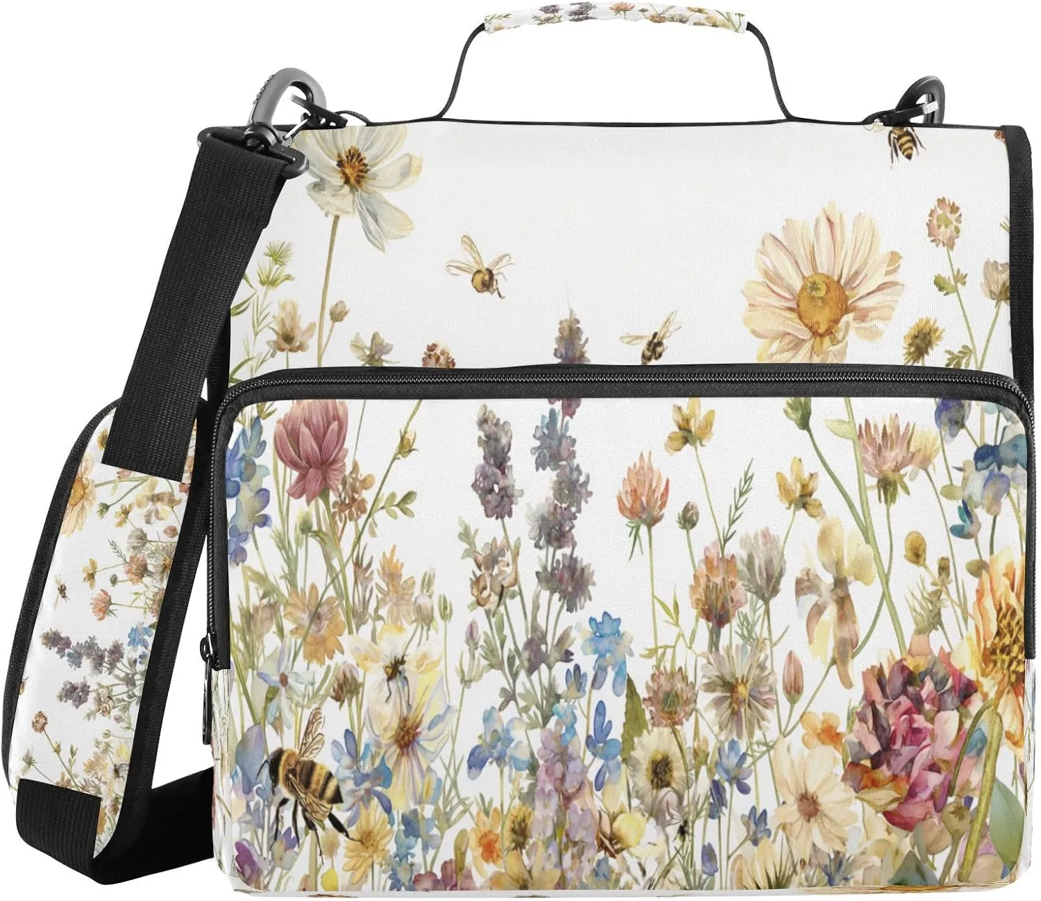 ATTX Herbs and Wild Flowers Zipper Binder with Adjustable Padded Strap - 3 Ring 500 Sheet Capacity Binder Bag with Multi-Pocket Organizer, Fits 12 Inch Laptop#160