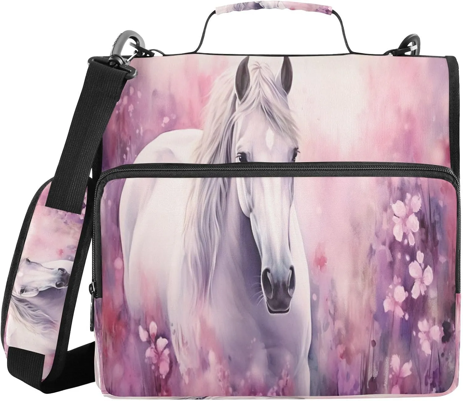 ATTX Horse Watercolor Painting Zipper Binder with Adjustable Padded Strap - 3 Ring 500 Sheet Capacity Binder Bag with Multi-Pocket Organizer, Fits 12 Inch Laptop#339