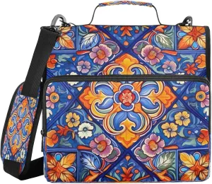 ATTX Mexican Ceramic Tile Zipper Binder with Adjustable Padded Strap - 3 Ring 500 Sheet Capacity Binder Bag with Multi-Pocket Organizer, Fits 12 Inch Laptop#539