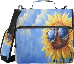 ATTX Oil Painting Sunflower Zipper Binder with Adjustable Padded Strap - 3 Ring 500 Sheet Capacity Binder Bag with Multi-Pocket Organizer, Fits 12 Inch Laptop#87