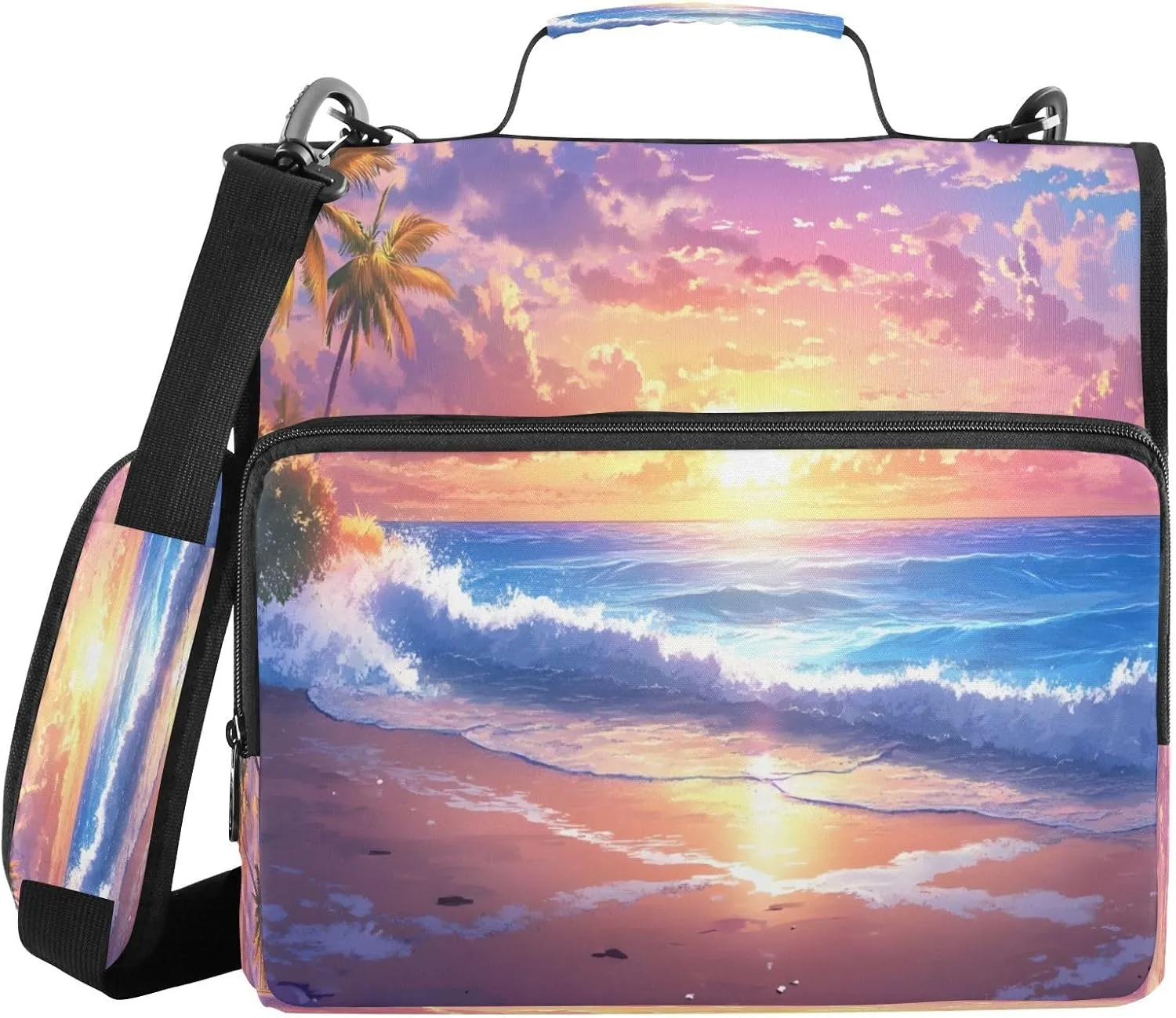 ATTX Palm Trees Waves Zipper Binder with Adjustable Padded Strap - 3 Ring 500 Sheet Capacity Binder Bag with Multi-Pocket Organizer, Fits 12 Inch Laptop#109