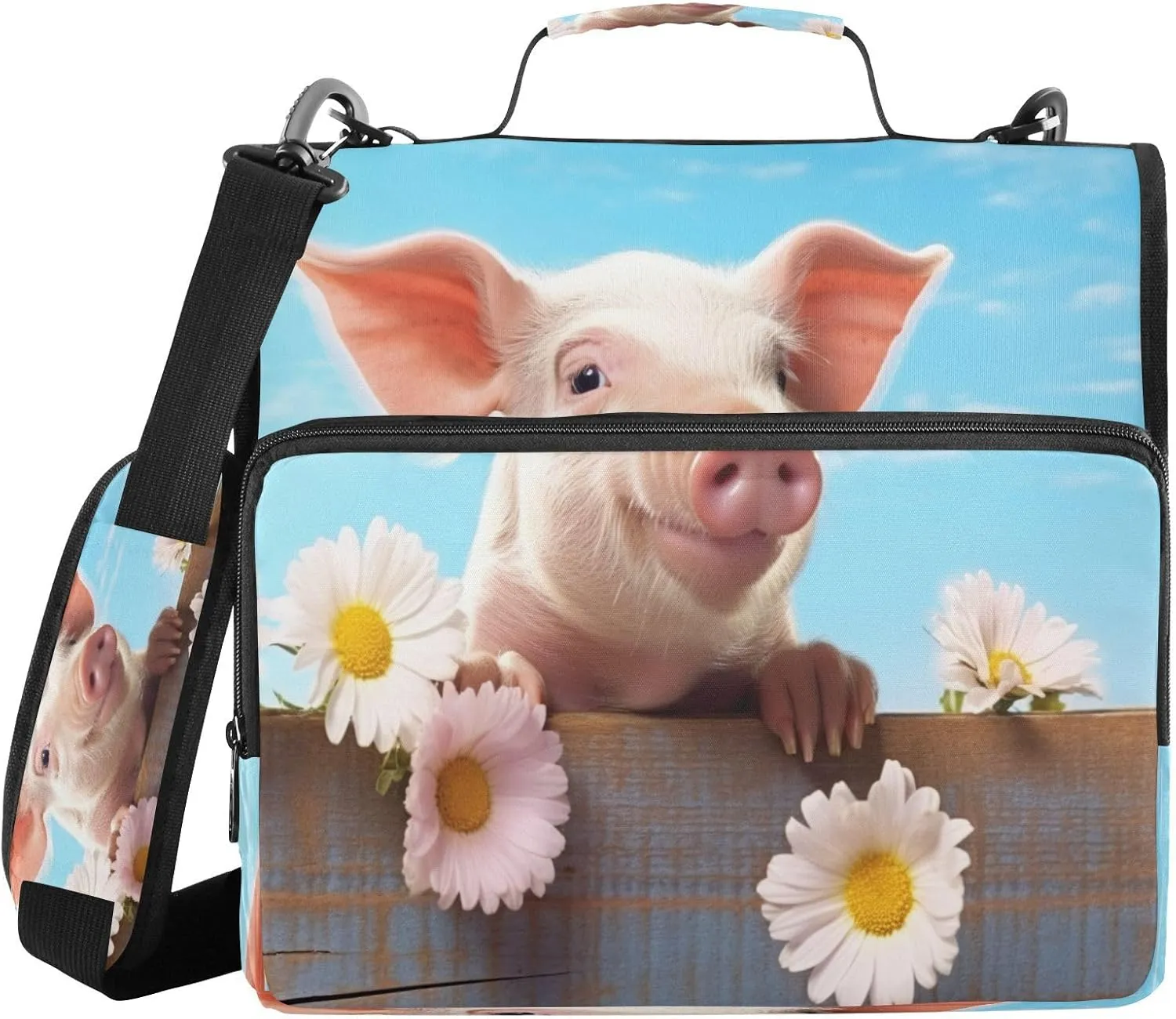 ATTX Pretty Little Pig Zipper Binder with Adjustable Padded Strap - 3 Ring 500 Sheet Capacity Binder Bag with Multi-Pocket Organizer, Fits 12 Inch Laptop#349