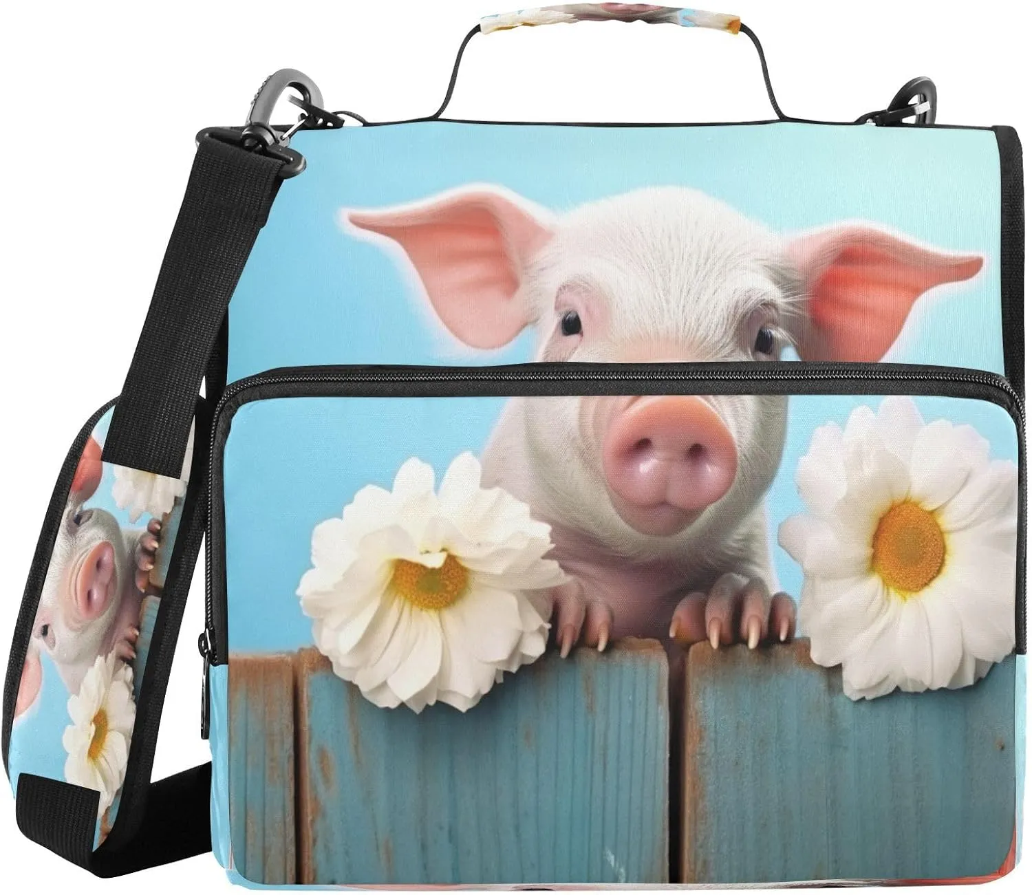 ATTX Pretty Little Pig Zipper Binder with Adjustable Padded Strap - 3 Ring 500 Sheet Capacity Binder Bag with Multi-Pocket Organizer, Fits 12 Inch Laptop#350