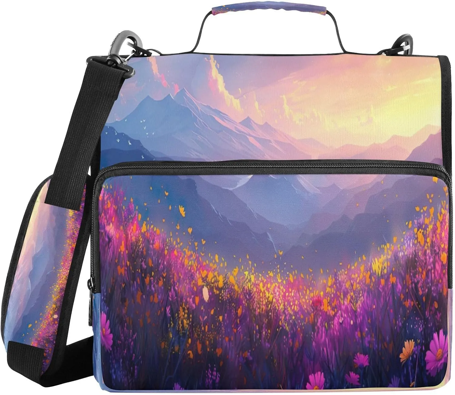 ATTX Purple Flowers Zipper Binder with Adjustable Padded Strap - 3 Ring 500 Sheet Capacity Binder Bag with Multi-Pocket Organizer, Fits 12 Inch Laptop#641